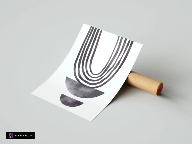 Minimalist black watercolor arch wall art print with geometric semicircles on white paper, displayed leaning against a cardboard tube on a grey background.
