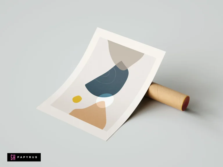 Modern mid-century boho wall art print with abstract organic shapes in navy, mustard, and terracotta, propped against a shipping tube.