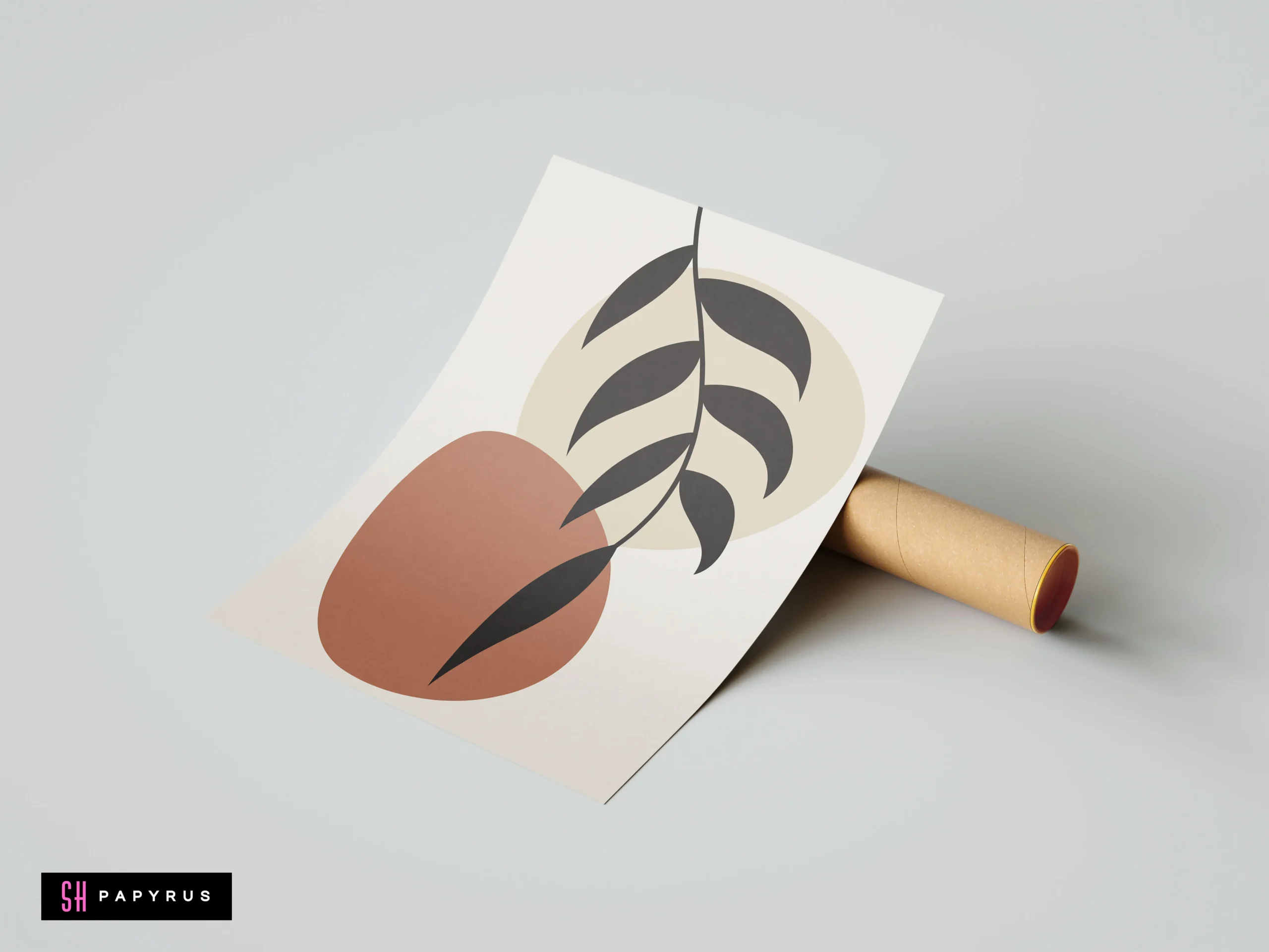 Modern boho botanical leaf print featuring a black leaf silhouette over terracotta and beige abstract shapes, leaning against a cardboard mailing tube.