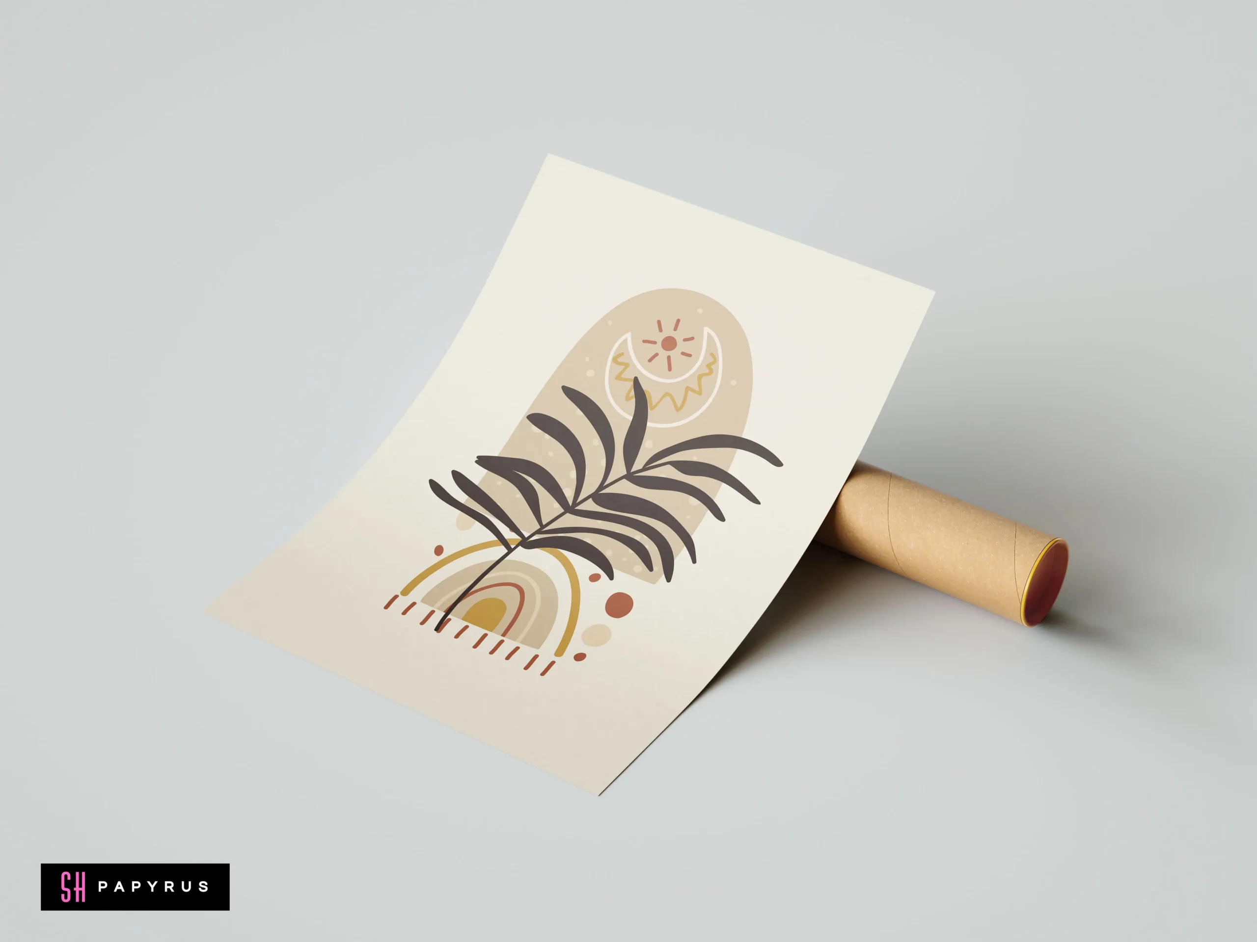 Boho minimalist wall art print with dark palm leaf, celestial moon, and sun over earth-toned arches in beige, terracotta, and mustard yellow.