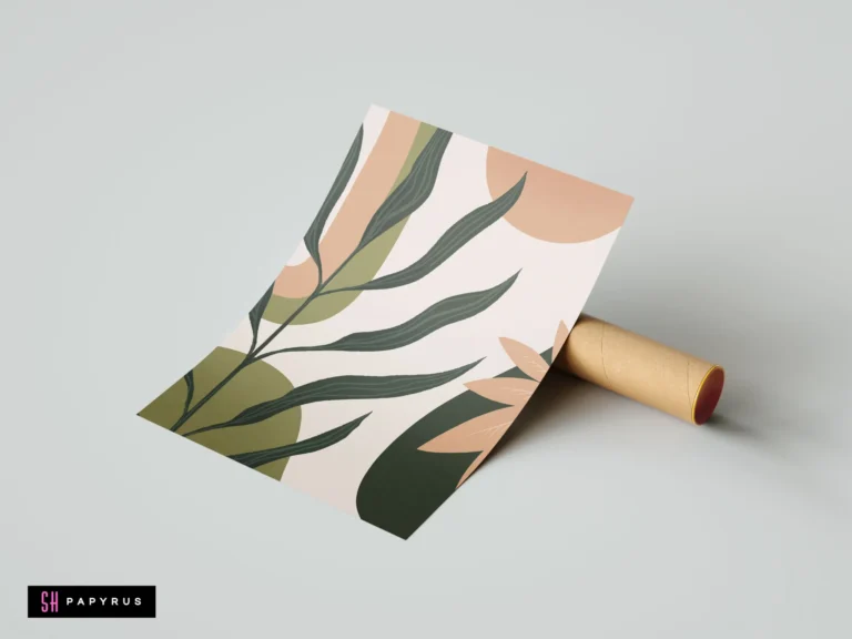 Minimalist abstract botanical wall art print featuring sage green leaves and earthy terracotta shapes on cream paper, resting against a cardboard shipping tube.