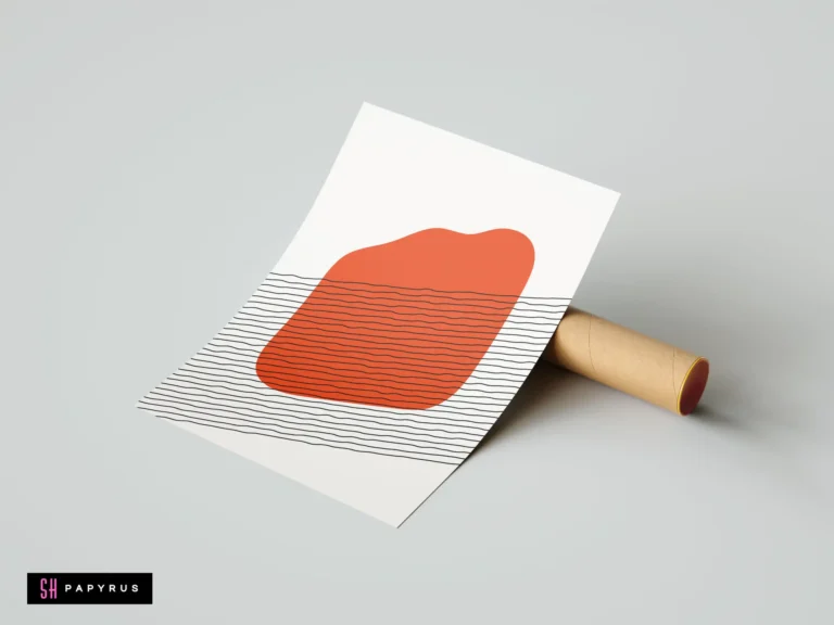 Minimalist abstract terracotta sun wall art print featuring a burnt orange organic shape and black wavy lines on a neutral background.