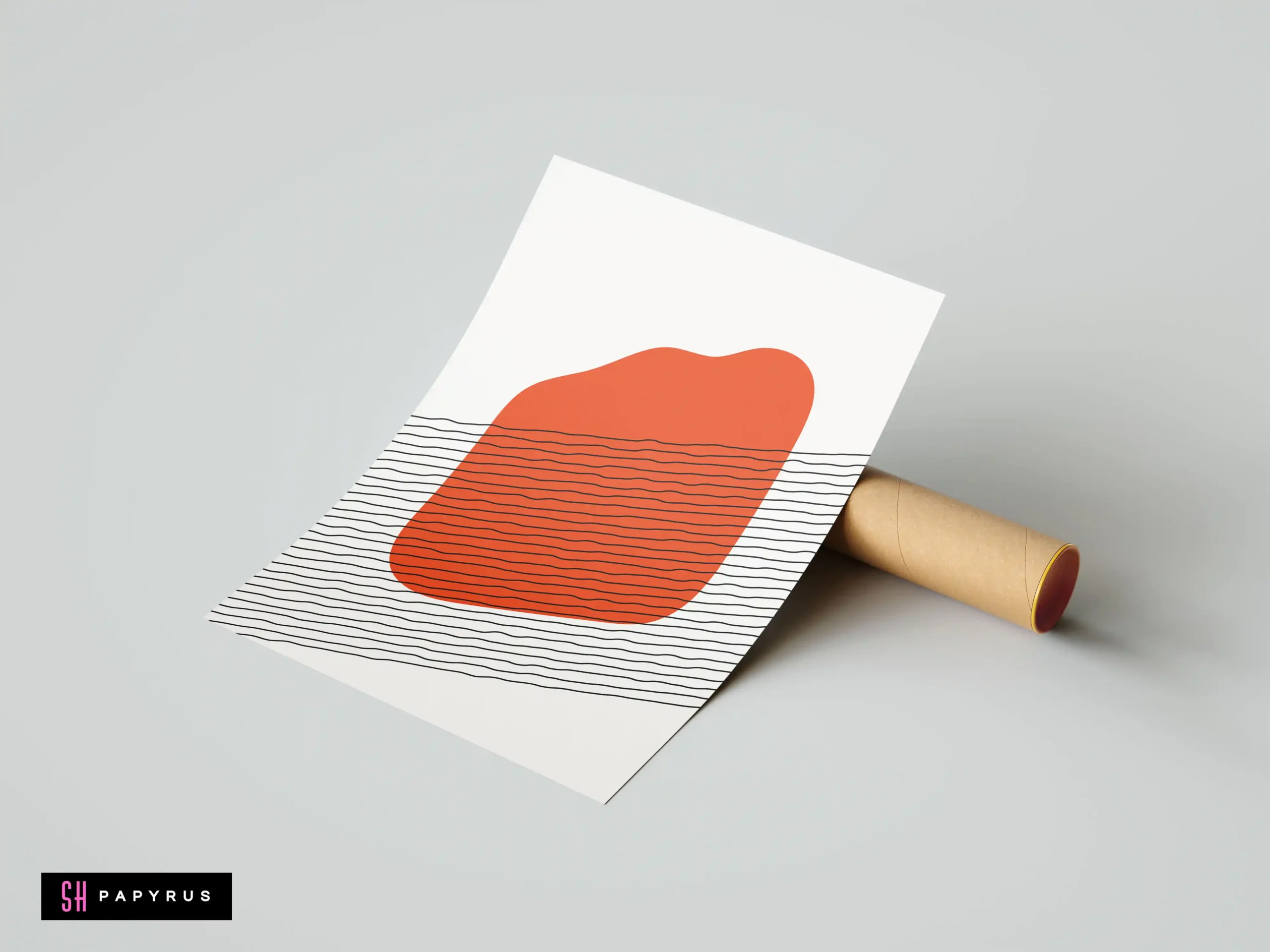 Minimalist abstract terracotta sun wall art print featuring a burnt orange organic shape and black wavy lines on a neutral background.