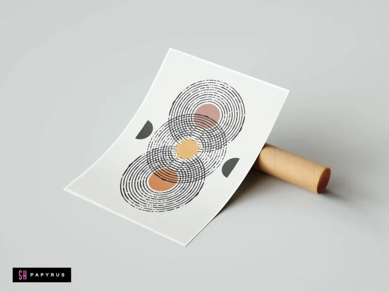 Abstract mid-century modern wall art print featuring black concentric circles, geometric sun, and terracotta, mustard, and grey shapes on a white background.