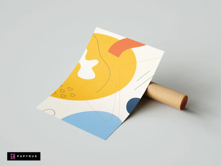 Vibrant Mid-Century Modern abstract wall art decor featuring bold yellow, blue, and orange geometric shapes and minimalist lines on a crisp white background.