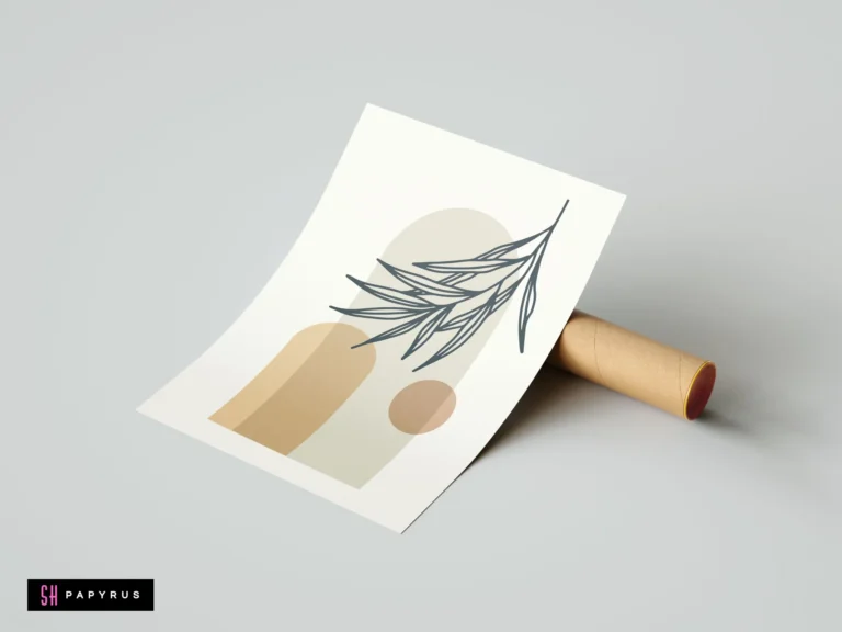 Minimalist abstract boho wall art print featuring earth tone arches and botanical leaf line illustration.
