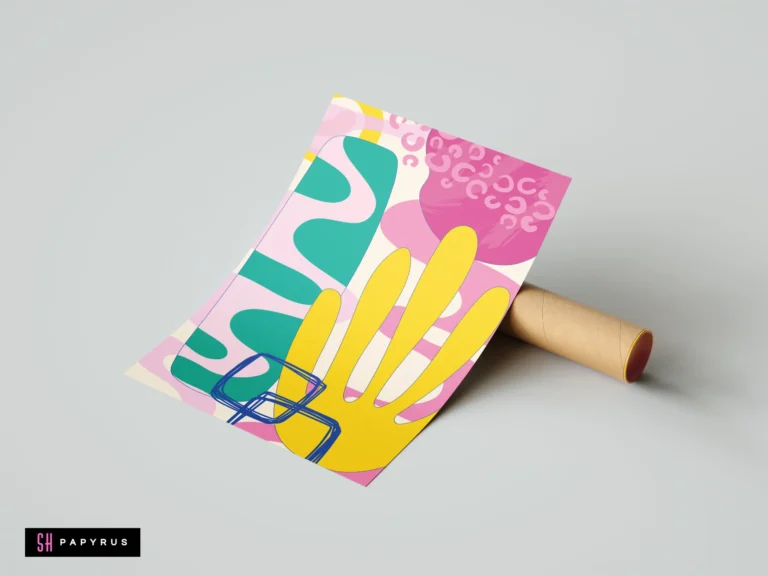 Modern wall art poster displaying vibrant pink, yellow, and teal abstract shapes for stylish decor.