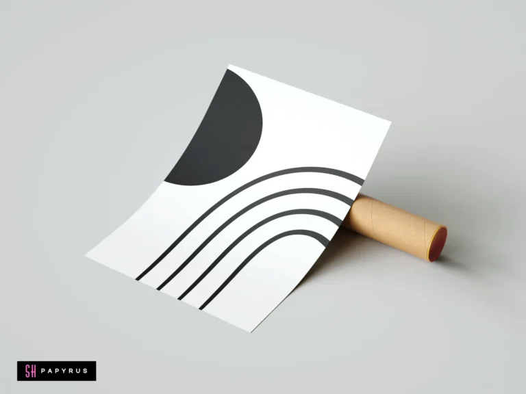Minimalist black and white wall art featuring an abstract sun and arched geometric lines.
