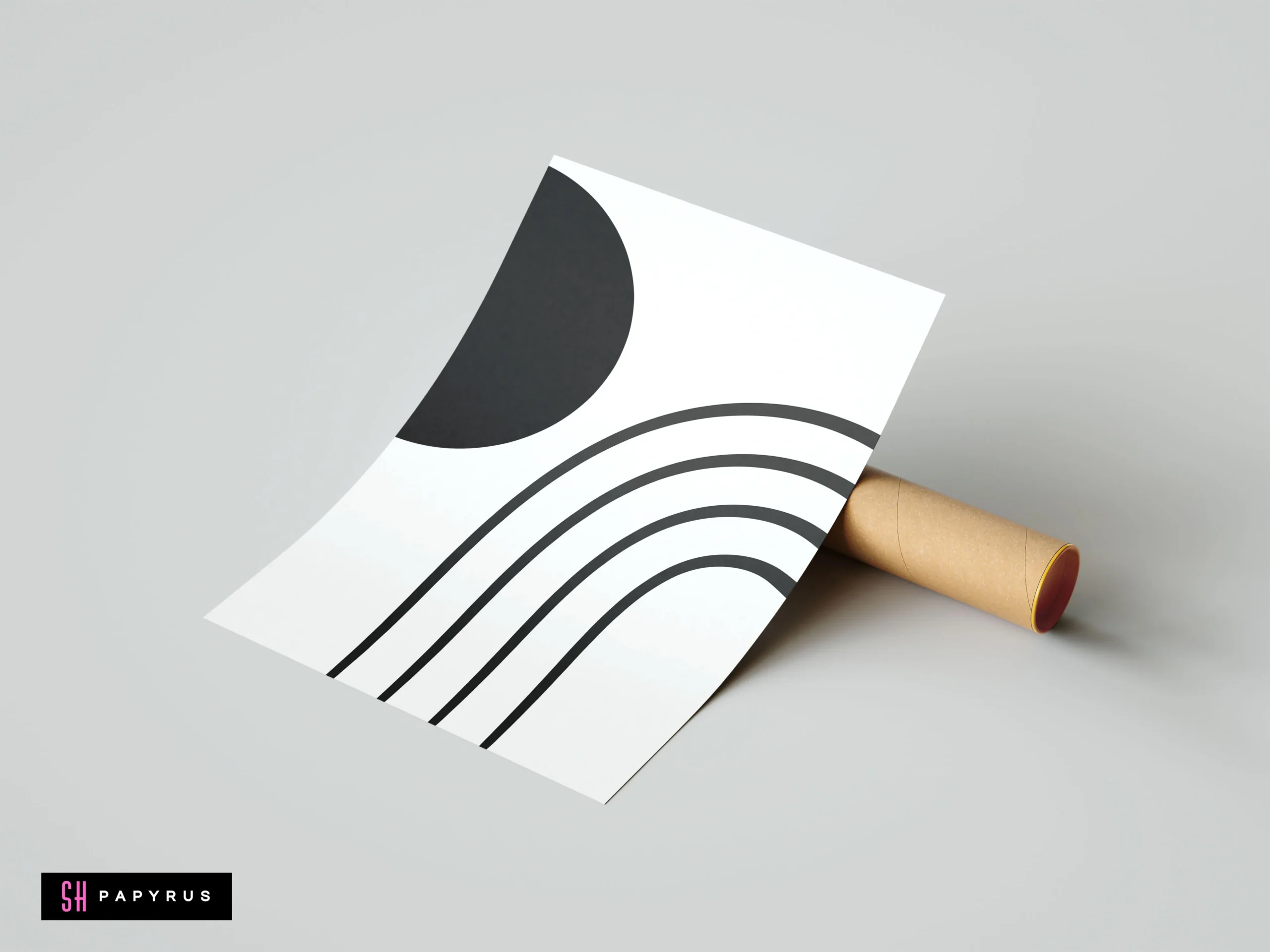 Minimalist black and white wall art featuring an abstract sun and arched geometric lines.