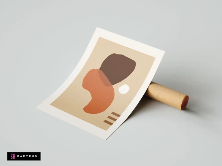 Minimalist wall art with terracotta and dark brown abstract organic shapes on beige paper.