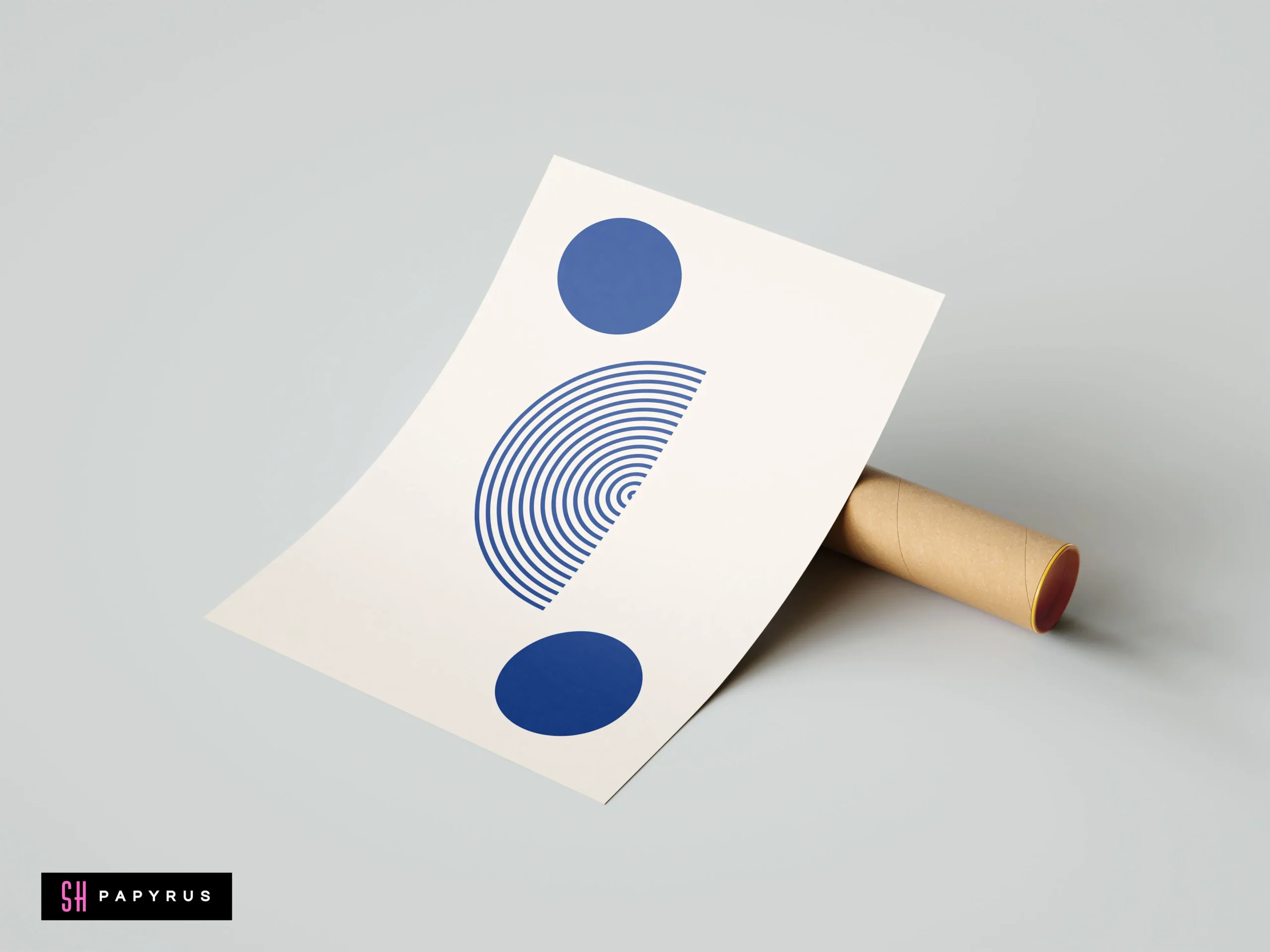 Modern blue geometric abstract circles minimalist art print featuring concentric lines on cream paper.