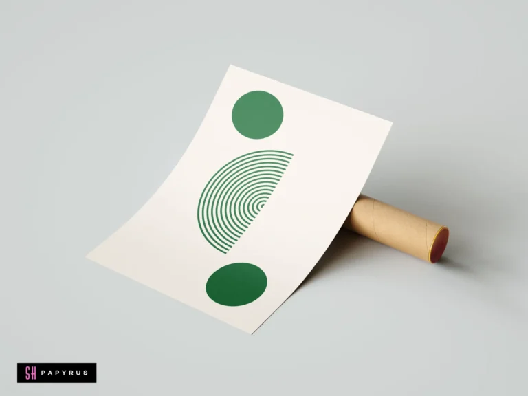 Minimalist green geometric wall art poster featuring abstract circles and lines on cream paper.