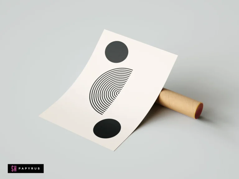 Modern minimalist black and white geometric wall art print featuring abstract circles and concentric lines.