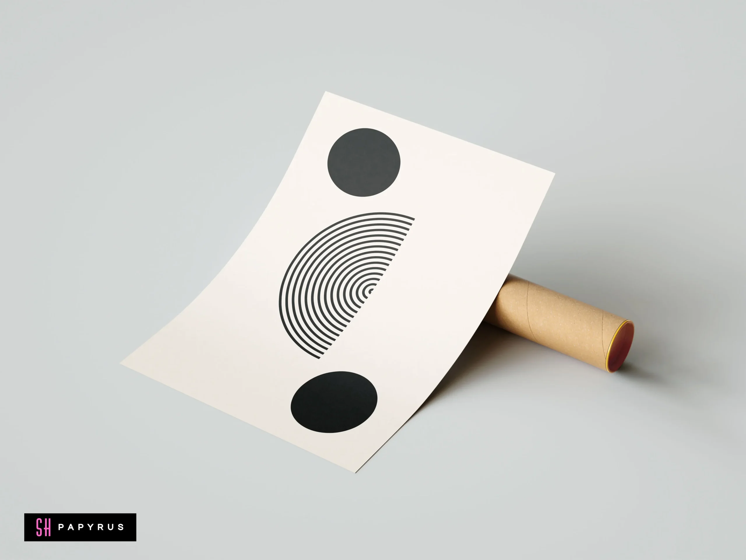 Modern minimalist black and white geometric wall art print featuring abstract circles and concentric lines.