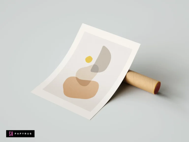 Abstract minimalist geometric Mid Century wall art print with earthy beige, grey, and yellow shapes.