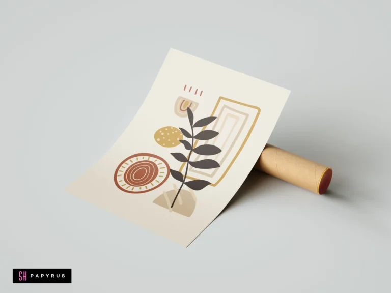 Modern boho abstract wall art with a dark leaf silhouette, terracotta circles, and mustard geometric shapes in a minimalist, earthy aesthetic.