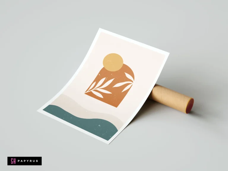 Boho minimalist wall art print featuring a terracotta sun, white botanical leaves, and abstract sage green hills in a modern, earthy aesthetic.