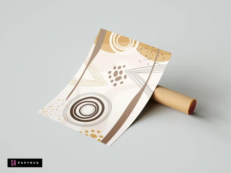 Minimalist mid-century geometric art print featuring abstract shapes and circles in earthy tan and beige tones, leaning against a cardboard mailing tube.