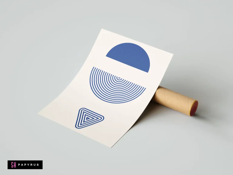Minimalist blue geometric wall art featuring abstract shapes on a cream background, leaning against a cardboard shipping tube.