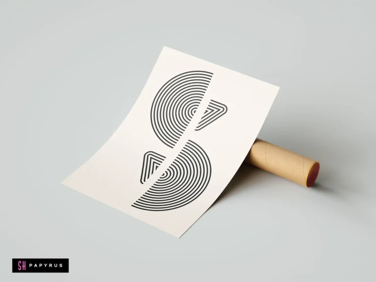 Abstract geometric minimalist poster with black concentric lines and semi-circles on an off-white background, propped against a brown cardboard shipping tube.