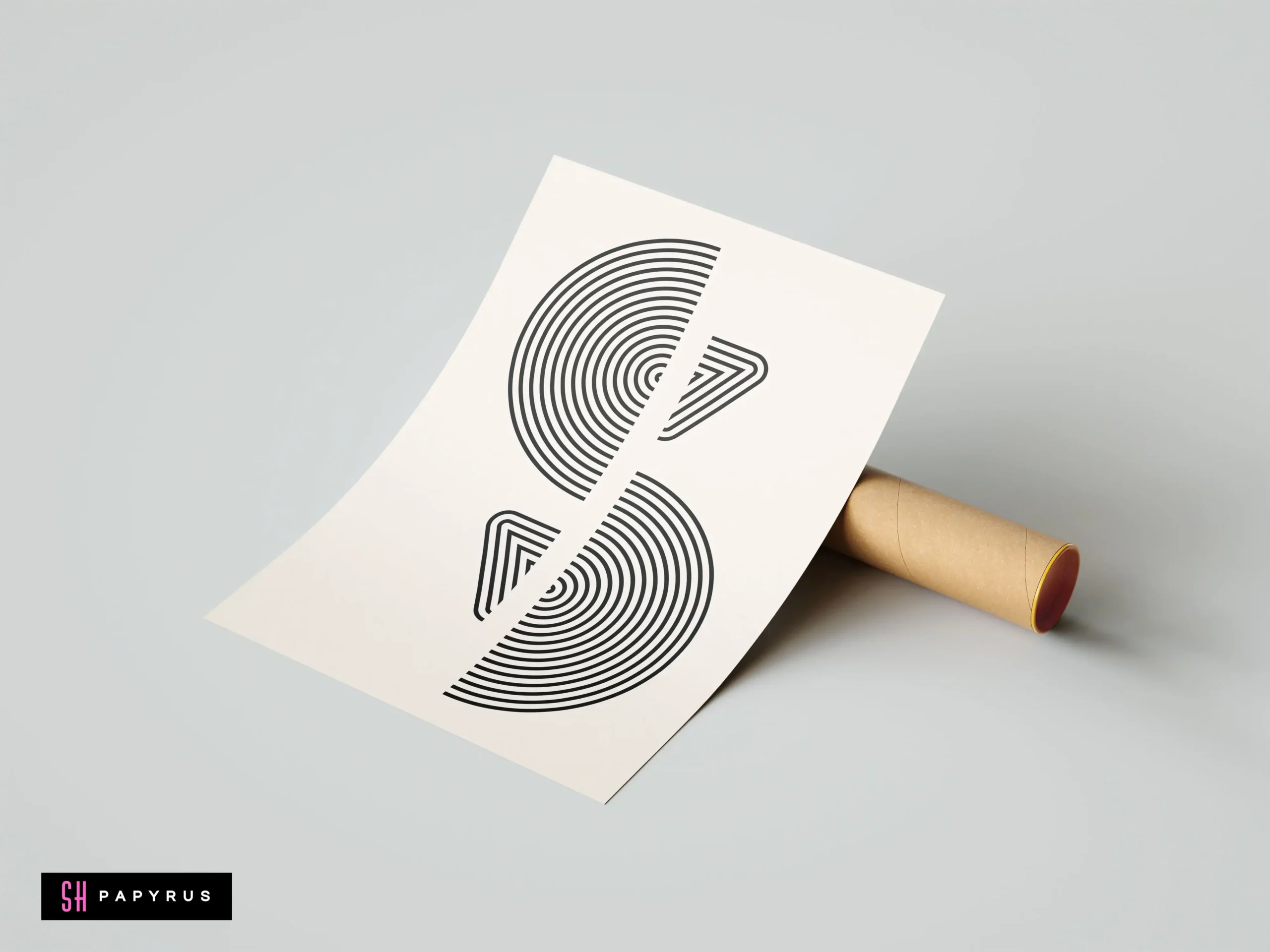 Abstract geometric minimalist poster with black concentric lines and semi-circles on an off-white background, propped against a brown cardboard shipping tube.