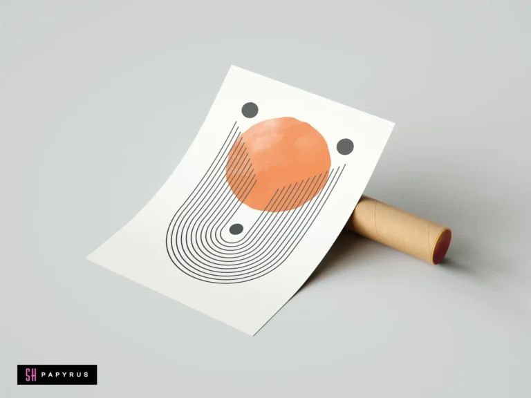 Minimalist boho wall art print featuring a warm orange sun, black geometric arch lines, and dots on a clean white background.
