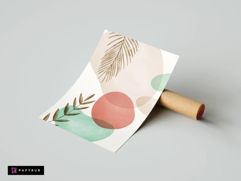 Modern boho botanical wall art print featuring abstract terracotta and sage green shapes with minimalist brown leaf illustrations on a cream background.