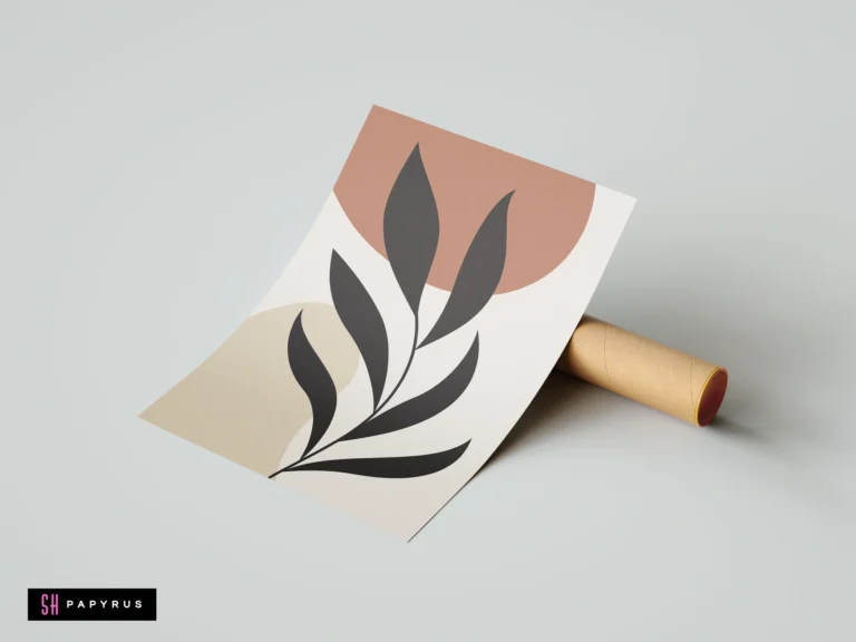 Bohemian minimalist wall art print featuring a dark leaf silhouette against terracotta and beige abstract shapes, resting on a cardboard mailing tube.