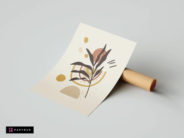 Boho botanical art print with a dark leaf silhouette, terracotta and mustard geometric shapes, and abstract circles on a cream background.