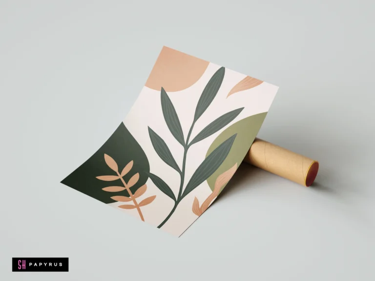 Minimalist botanical wall art print with earthy green and terracotta leaves on a cream background, featuring an abstract boho aesthetic for home decor.