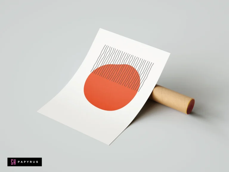 Abstract mid-century modern wall art with a minimalist orange sun and geometric black lines on a white poster, leaning against a shipping tube.
