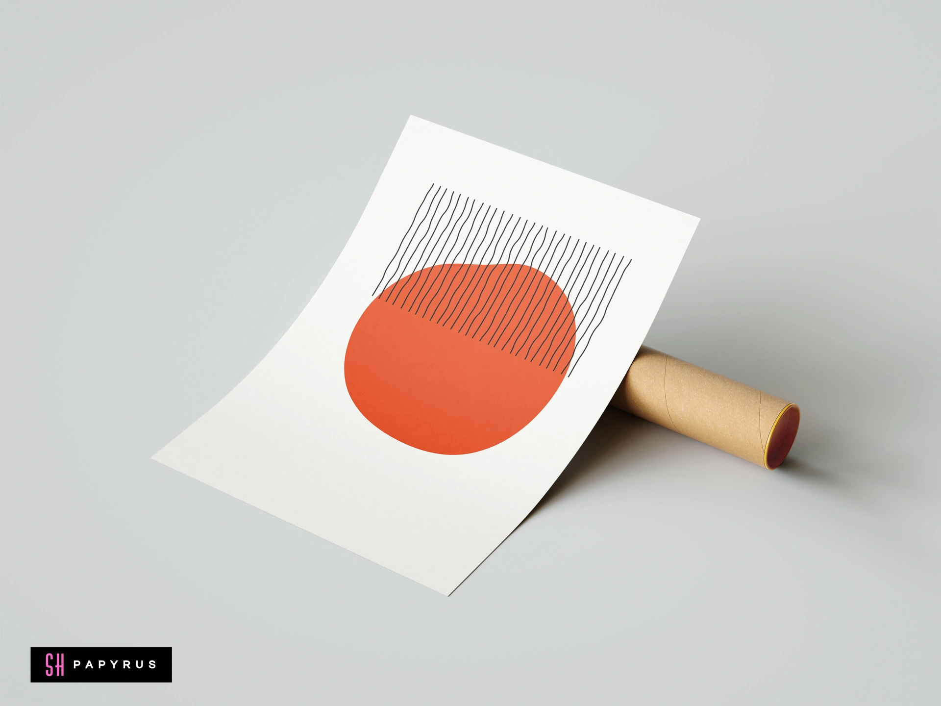 Abstract mid-century modern wall art with a minimalist orange sun and geometric black lines on a white poster, leaning against a shipping tube.
