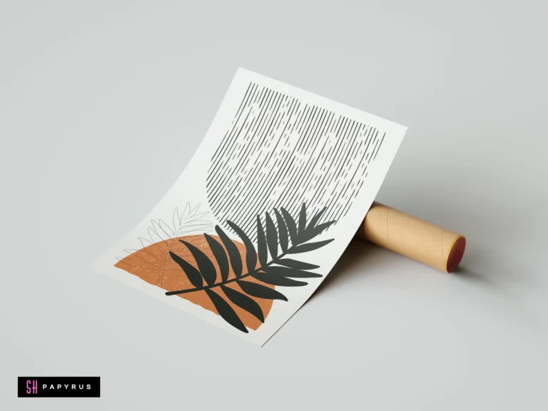 Minimalist boho wall art print featuring black palm leaf silhouettes, terracotta orange shapes, and abstract line patterns on a clean white background.