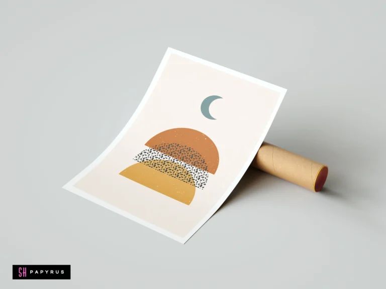 Abstract geometric boho wall art print with terracotta and mustard arches, a teal moon, and speckled patterns on a neutral cream background.