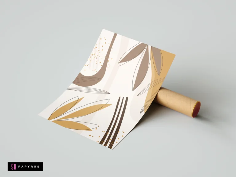 Minimalist boho abstract botanical wall art print in earthy tones of beige, mustard, and brown featuring stylized leaf patterns and dots.