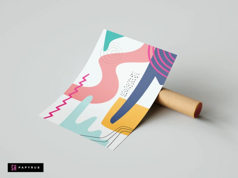 Vibrant modern abstract shapes art print featuring pink, teal, and yellow wavy patterns on white paper, displayed next to a cardboard shipping tube.