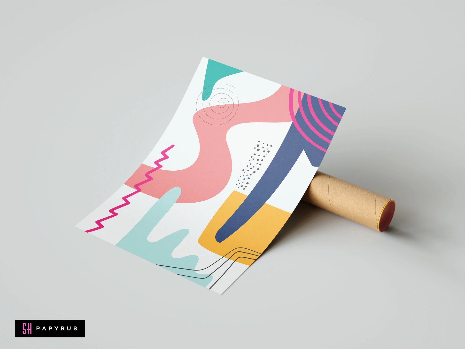 Vibrant modern abstract shapes art print featuring pink, teal, and yellow wavy patterns on white paper, displayed next to a cardboard shipping tube.