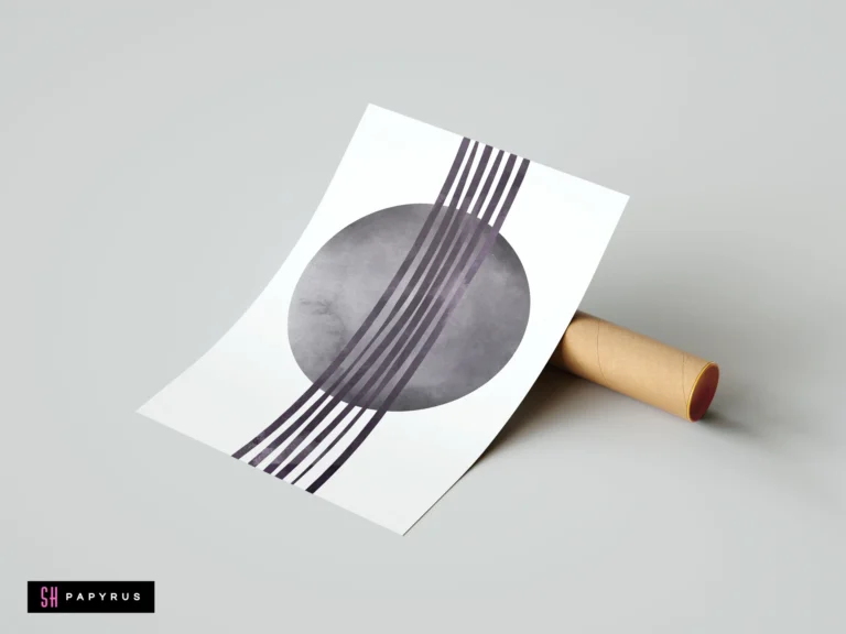 Modern abstract wall art featuring a textured grey sphere and dark parallel lines in a minimalist geometric style on a white background.