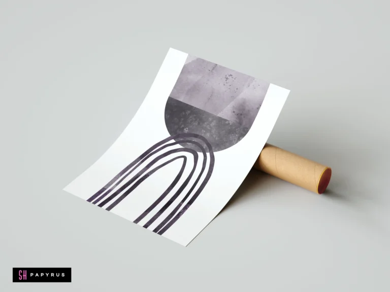 Minimalist abstract purple watercolor wall art print featuring arched lines and a textured violet shape, shown resting on a mailing tube.