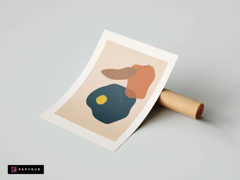 Modern minimalist wall art print with abstract organic shapes in navy, terracotta, and yellow on a neutral background, leaning against a shipping tube.