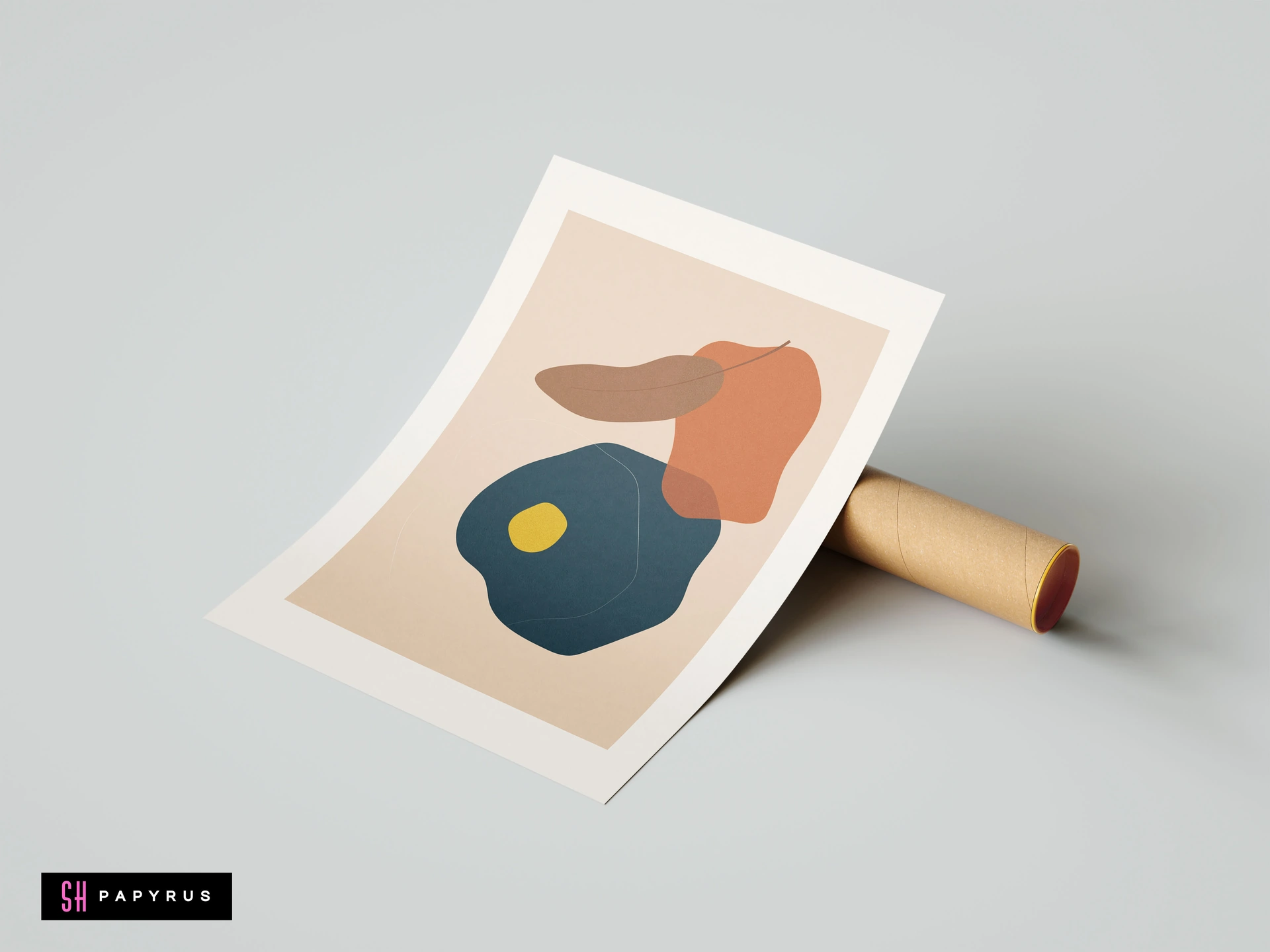 Modern minimalist wall art print with abstract organic shapes in navy, terracotta, and yellow on a neutral background, leaning against a shipping tube.