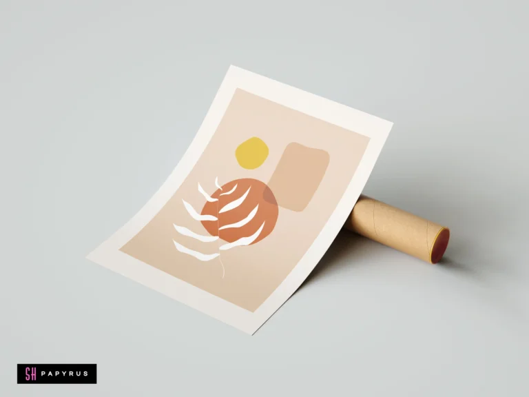 Abstract terracotta leaf wall art print in minimalist boho style, featuring earthy orange, yellow, and beige organic shapes on a neutral background.