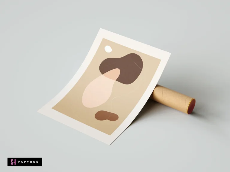 Modern minimalist abstract wall art print featuring organic shapes in earth tones of beige and brown, resting on a cardboard shipping tube.