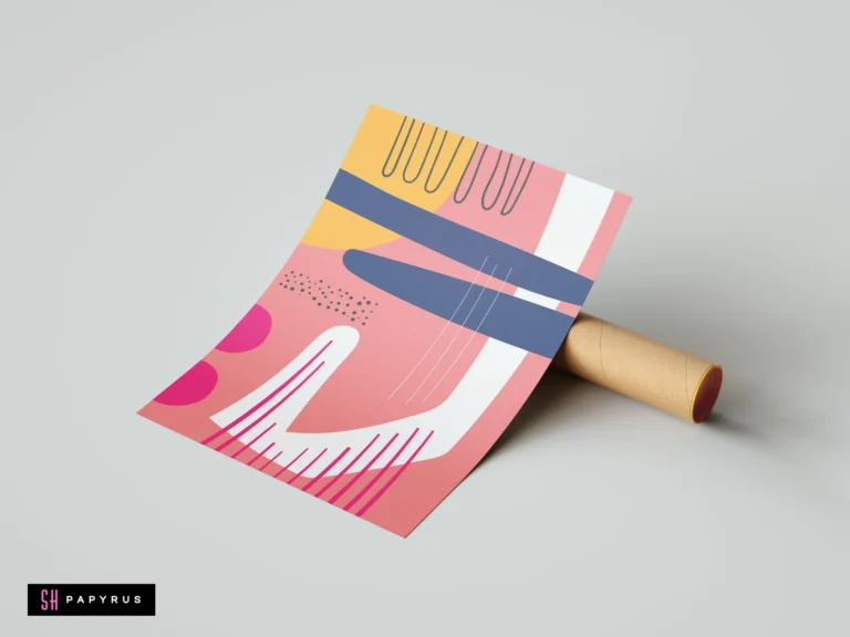 Abstract pink and blue geometric modern wall art print featuring minimalist shapes, lines, and dots in mustard yellow, slate blue, and blush tones.