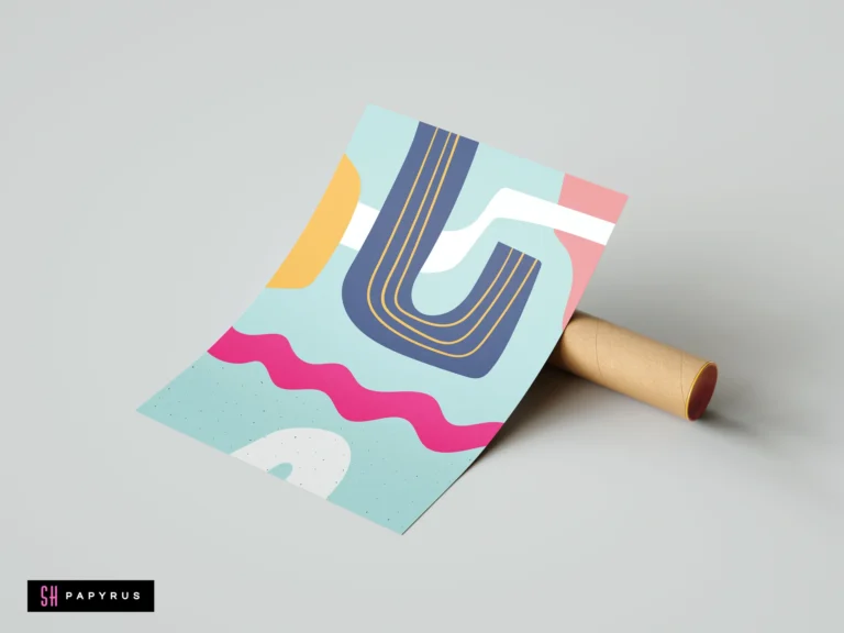 Vibrant minimalist abstract wall art print with blue, pink, and yellow geometric shapes on a light blue background, shown with a cardboard tube.