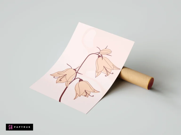Minimalist botanical wall art featuring bell flowers in soft pastel peach and maroon line art on a light pink background.