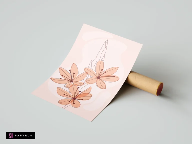 Minimalist botanical wall art print with soft pink floral blossoms and delicate line art illustration on a light pink background.