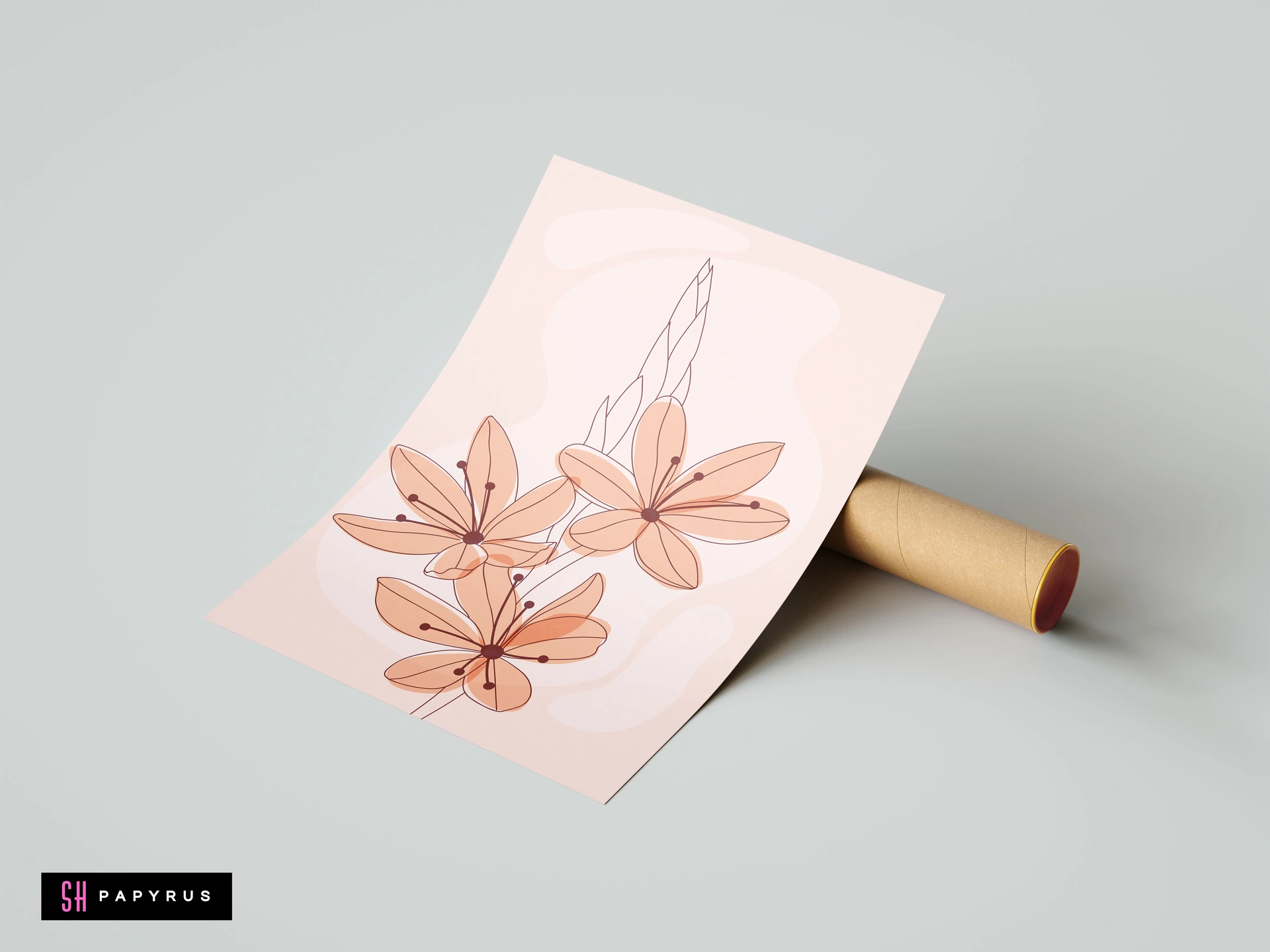 Minimalist botanical wall art print with soft pink floral blossoms and delicate line art illustration on a light pink background.