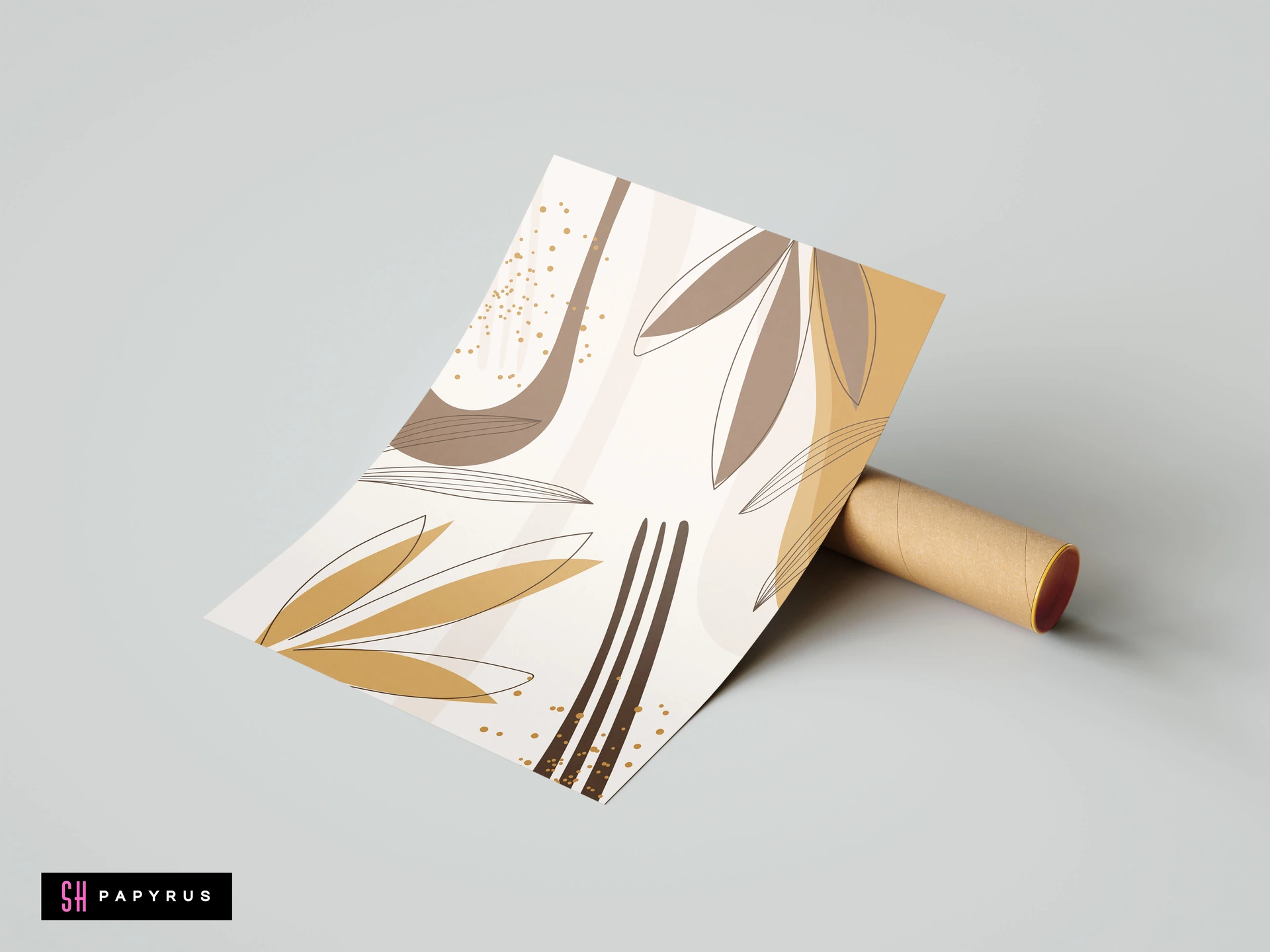 Modern abstract botanical wall art featuring minimalist leaf shapes and lines in earth tones of beige, brown, and tan on a white background.