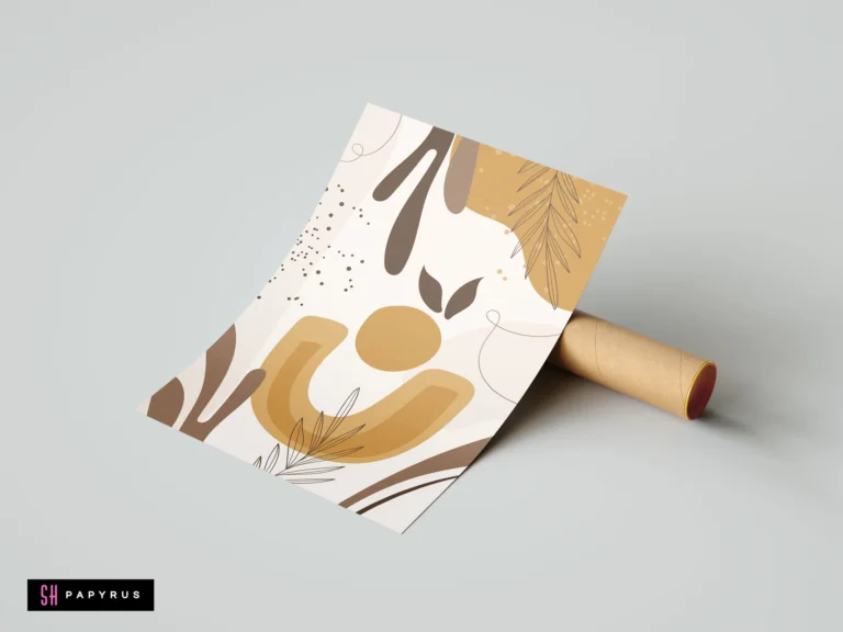 Minimalist boho abstract botanical wall art featuring earthy ochre, brown, and cream shapes with fine line leaves, resting against a cardboard shipping tube.